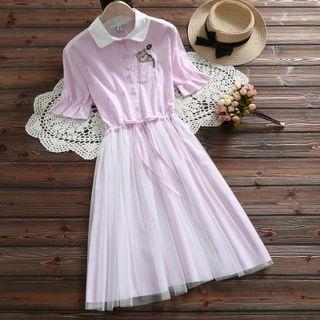 Cat Embroidered Mesh Panel Midi A-line Dress