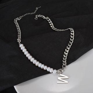 Lettering Faux Pearl Chain Necklace Silver - One Size