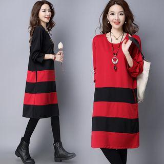Long-sleeve Striped A-line Midi Dress