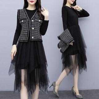 Long-sleeve Sheer Panel Dress / Tweed Vest / Set
