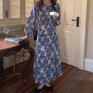 Puff-sleeve Tie Dye Maxi A-line Dress