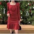 Puff-sleeve Square Neck Plain Ruffled Dress