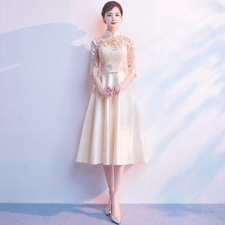 Elbow-sleeve Lace A-line Midi Wedding Dress
