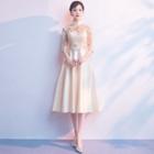 Elbow-sleeve Lace A-line Midi Wedding Dress
