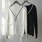 Long-sleeve Contrast-lining Buttoned Knit Top