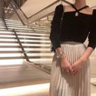 Halter-neck Puff-sleeve Velvet Top Black - One Size