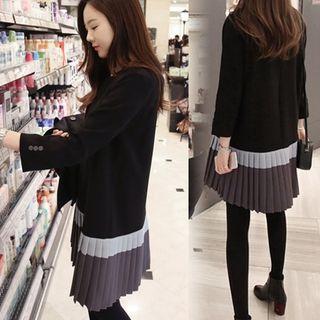 3/4-sleeve Pleated Panel A-line Dress