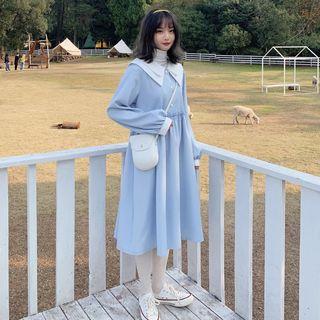 Long-sleeve Midi A-line Dress Sky Blue - One Size