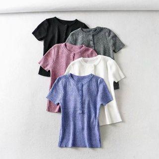 Plain Short-sleeve Half-button Ribbed Cropped T-shirt