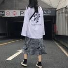 Printed Long-sleeve T-shirt / Patterned Midi Skirt