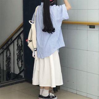 Plaid Two Tone Oversize Shirt / High-waist Plain A-line Skirt