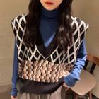 Turtleneck Long-sleeve Top / Patterned Knit Vest