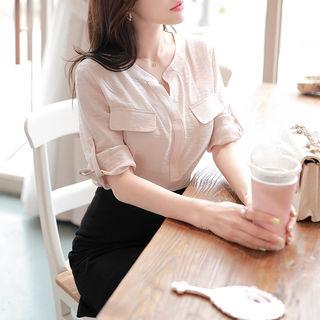 Mandarin-collar Flap-detail Blouse