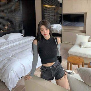 Long-sleeve Cold Shoulder Two-tone Knit Top Dark Gray - One Size