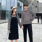 Couple-matching Long-sleeve Striped T-shirt / Straight-leg Pants / Midi A-line Pinafore Dress