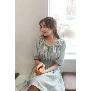 Drawcord-neck Smock-waist Mini Dress