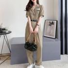 Short-sleeve Lettering Print Wide Leg Jumpsuit