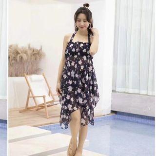 Set: Halter-neck Floral Print Cover Up Dress + Bikini