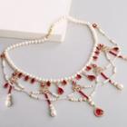 Retro Pearl Crystal Layered Necklace 1 Pc - Necklace With Box - Red & White & Gold - One Size