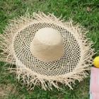 Fringed Perforated Raffia Sun Hat Beige - One Size