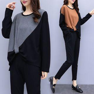 Set: Color Block Pullover + Straight-cut Pants