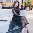 Set: Long-sleeve A-line Lace Dress + Strappy Dress