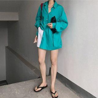 Plain Long-sleeve Blouse Aqua Blue - One Size