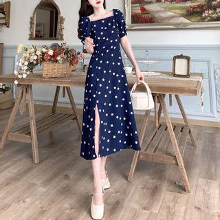 Short-sleeve Square-neck Dotted Slit Midi A-line Dress