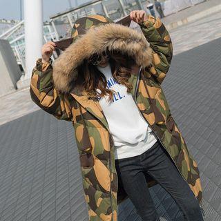 Furry-trim Camo Zip Padded Coat