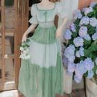 Puff-sleeve Two-tone Midi A-line Chiffon Dress