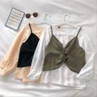 Set:plain Crewneck Long-sleeve Blouse + Plain Strap Top