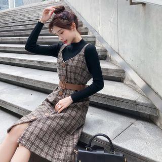 Long Sleeve Mock Neck Knit Top / Plaid Pinafore Dress / Set