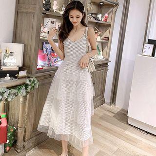 Spaghetti-strap Dot Print Mesh Panel Layered Dress