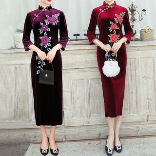 Traditional Chinese Elbow-sleeve Velvet Midi Dress