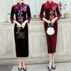 Traditional Chinese Elbow-sleeve Velvet Midi Dress