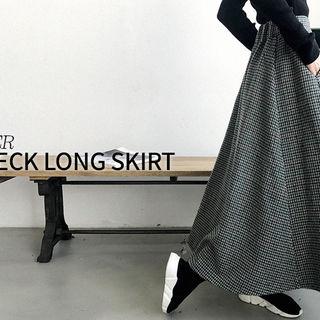 Band-waist Houndstooth Maxi Flare Skirt