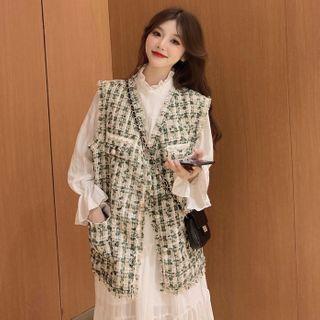Tweed Vest / Long-sleeve Midi A-line Dress