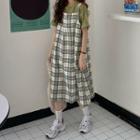 Elbow-sleeve T-shirt / Plaid Jumper Dress
