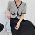 Balloon-sleeve Plaid Cardigan