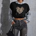 Leopard Print Heart Graphic Two Tone Cropped Hoodie