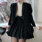 Long-sleeve Turtleneck Top / Puff-sleeve Jacket / Pleated Mini A-line Skirt