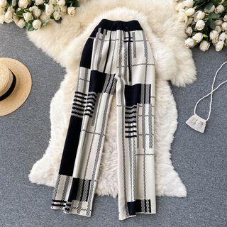 High-waist Drawstring Plaid Wide-leg Shift Knit Pants