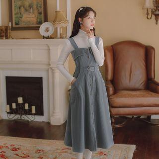 Belted Midi A-line Overall Dress