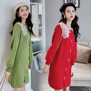 Long-sleeve Mesh Paneled Collar Knit Dress