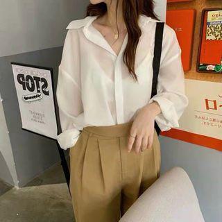 Set: Long-sleeve Plain Shirt + High-waist Plain Wide-leg Pants