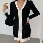 Long-sleeve Two Tone Knit Dress Black - One Size