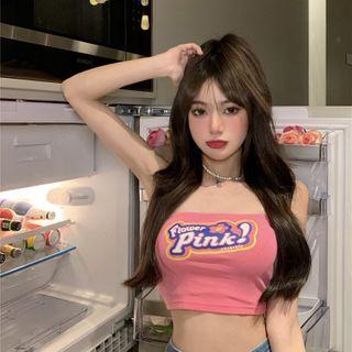 Printed Letter Cropped Tank Top Pink - One Size