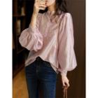 Bishop-sleeve Striped Blouse