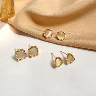 Gemstone Sterling Silver Stud Earring Set Set - S925 Silver Earring - Gold Trim - Milky White - One Size