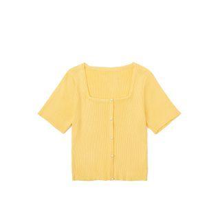 Square-neck Elbow-sleeve Rib Knit Top